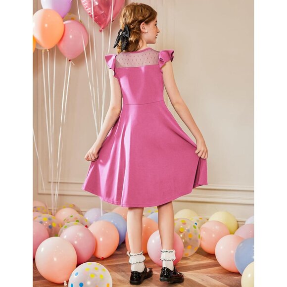 🆕Girls Hot Pink Polyester Summer Dress Ruffle Sleeve Mesh A-Line Casual Party - Picture 6 of 7